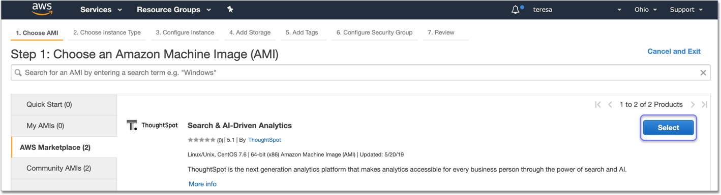 Select the ThoughtSpot AMI