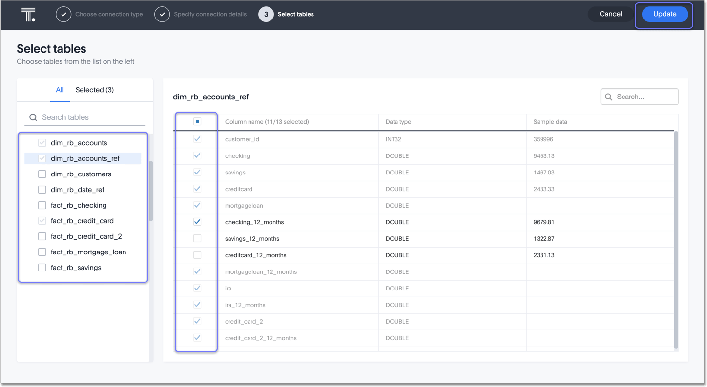 Select tables and columns