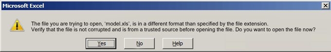 warning open model excel