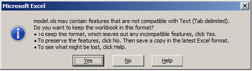 warning save model excel