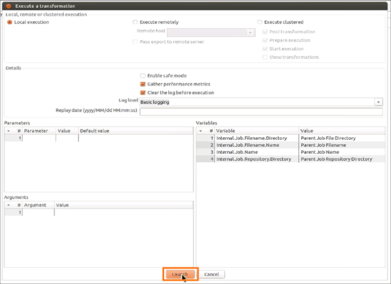 launch a transformation pentaho