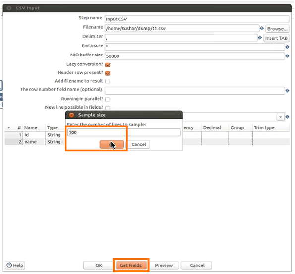 sample size fields pentaho