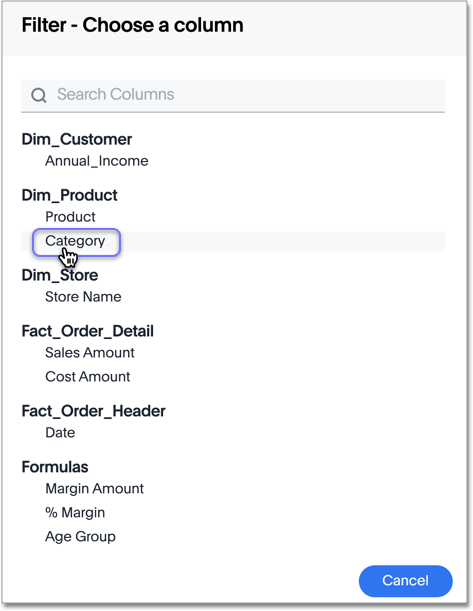 Choose a worksheet column to filter on