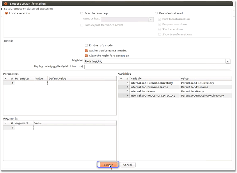 launch a transformation pentaho