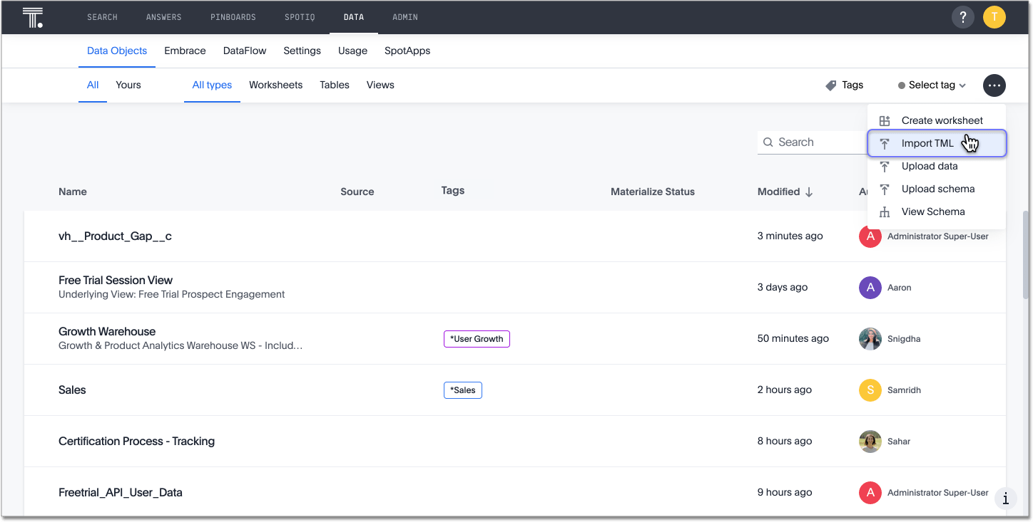 Import Worksheet or View TML