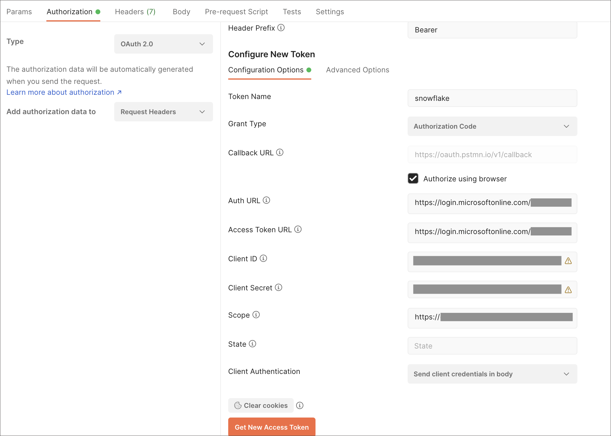 Configure new token in Postman