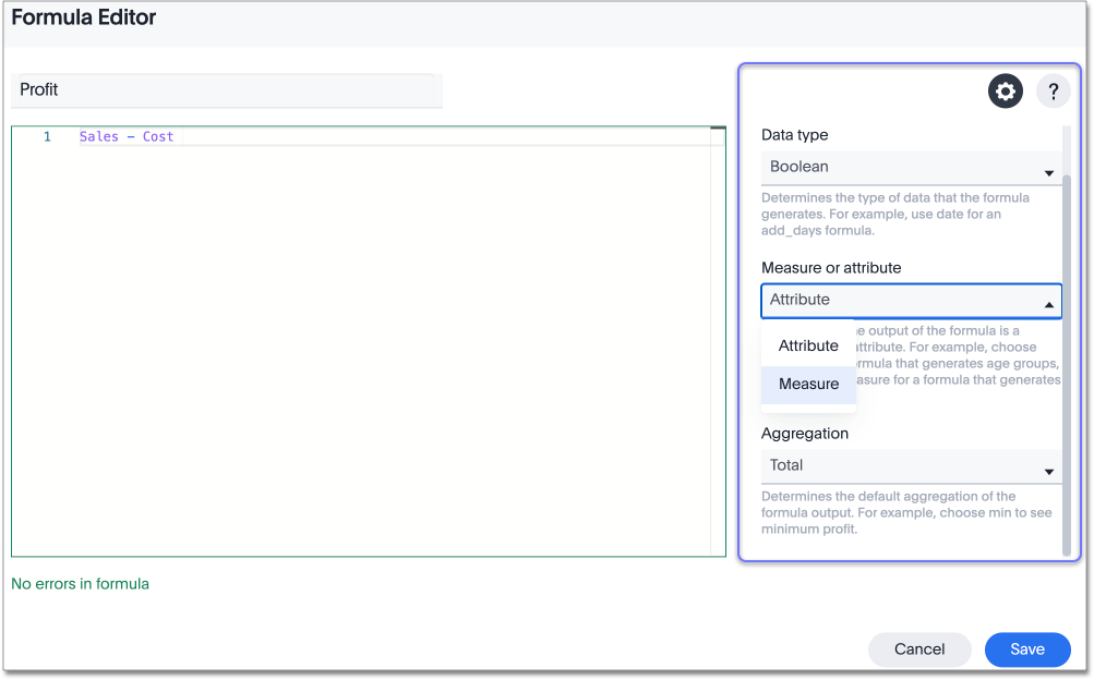 Advanced settings in the Formula Builder