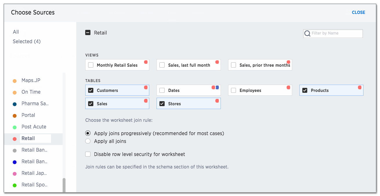 Apply joins progressively or apply all joins. Enable or disable row level security for the worksheet