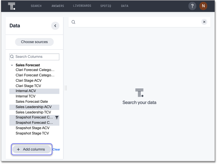 Multiple columns highlighted in the Data panel. Select + Add columns