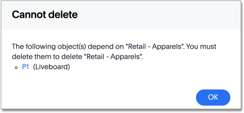 Cannot delete warning with a list of dependent objects