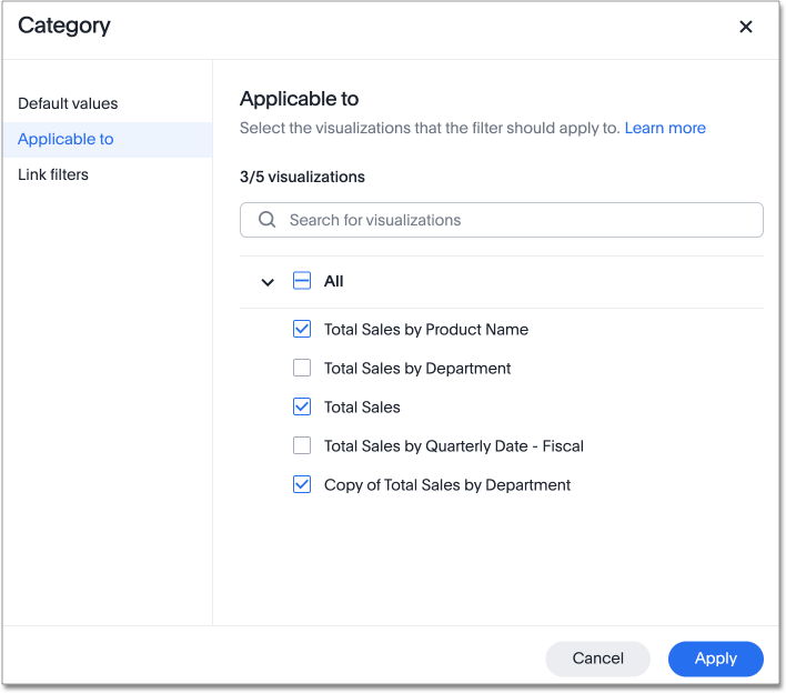 Specify filtered visualizations