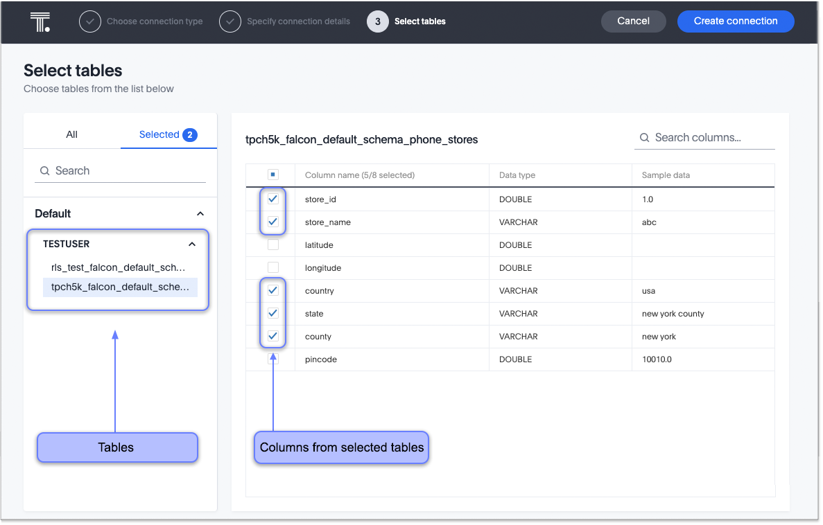 Select tables and columns from each table