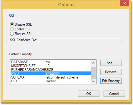 Options pop-up. SSL is disabled. There are 6 custom properties: database